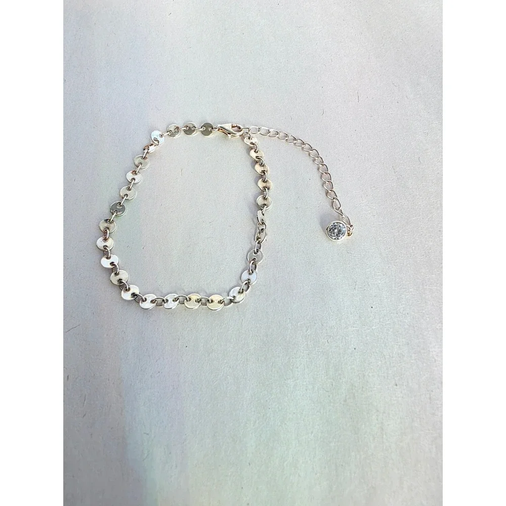 Sterling Silver 925 Adjustable Flat Disc Chain Link Bracelet with CZCharm